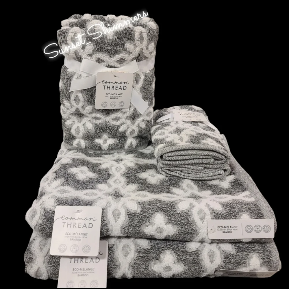 6pc Common Thread Plush Bath Hand Tip Towel Set Gray White Damask Zero Twist New